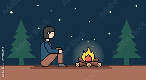 Vector illustration of a tranquil night in the woods with a person finding solitude and reflection by a glowing campfire