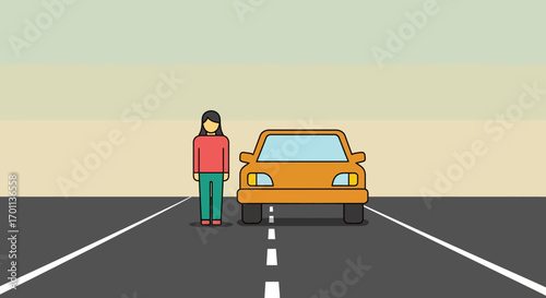 Woman Standing by an Orange Car on a Road with Lanes
