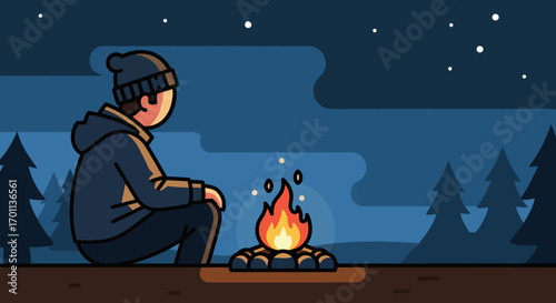 Illustration of a lone camper finding warmth and peaceful solitude by a bonfire under a starry night sky