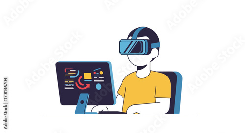 A person experiencing virtual reality using a computer setup, modern technology concept