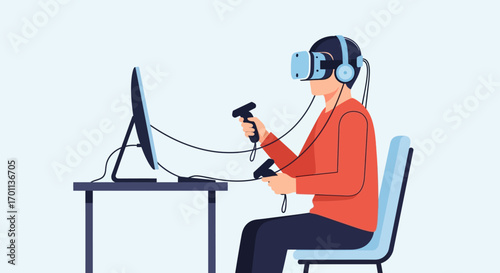 Immersive virtual reality experience, with a person exploring digital worlds using a VR headset and controllers, highlighting interactive entertainment
