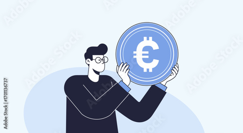 A modern flat design illustration of a businessman holding a large euro coin, representing financial success, investment, and European currency