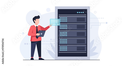 IT professional managing data center server rack with digital interface