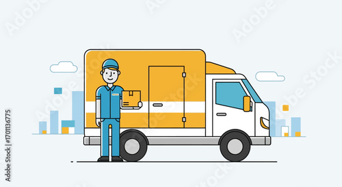 Delivery Service Illustration A Smiling Courier with a Package and Delivery Truck on a City Background