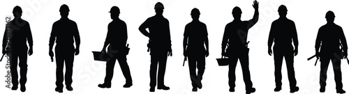 Silhouettes of Construction Workers with Tools on Jobsite Walking, Waving, Standing in Hard Hats for Occupational Safety Illustration