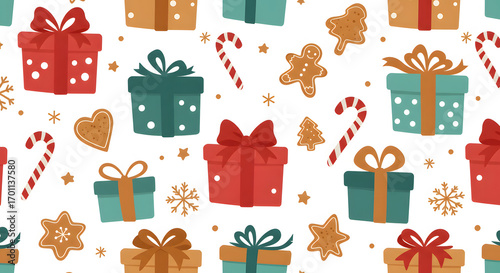 Wallpaper Mural Minimalist cartoon Christmas pattern with small gift boxes, colorful ribbons, festive ornaments, flat icon style, seamless background on white Torontodigital.ca