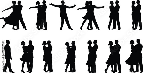 Silhouettes of couples dancing formal ballroom dance poses, showcasing elegance, romance, partnership, graceful movements, connection, style, and classic dance vector illustration.