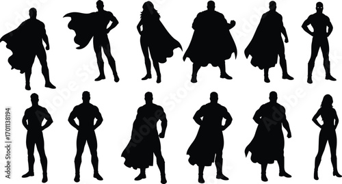 Silhouettes of diverse male and female superheroes with flowing capes, strong confident poses, dynamic comic-style vector art showcasing power and heroism