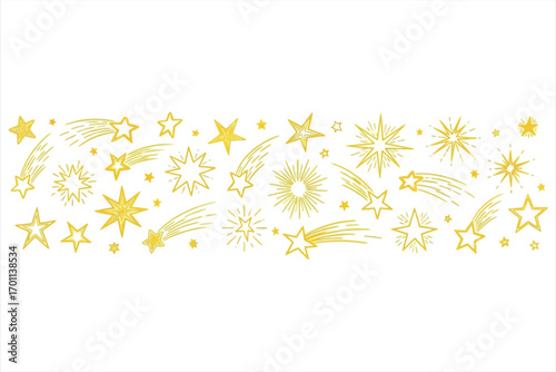 Collection of yellow hand drawn stars and shooting stars on white background comet celestial