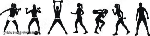 Silhouettes of diverse people performing various fitness exercises including weightlifting, running, and aerobic workouts in dynamic sequence vector illustration.