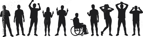 Silhouettes of diverse people standing, including man in wheelchair, showing different gestures and emotions in inclusive group scene.