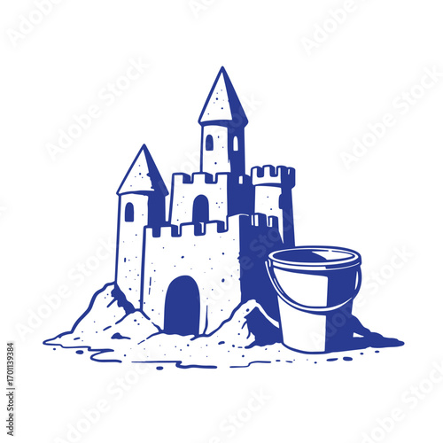 Artistic illustration of a sandcastle with buckets on a sandy beach for summer fun