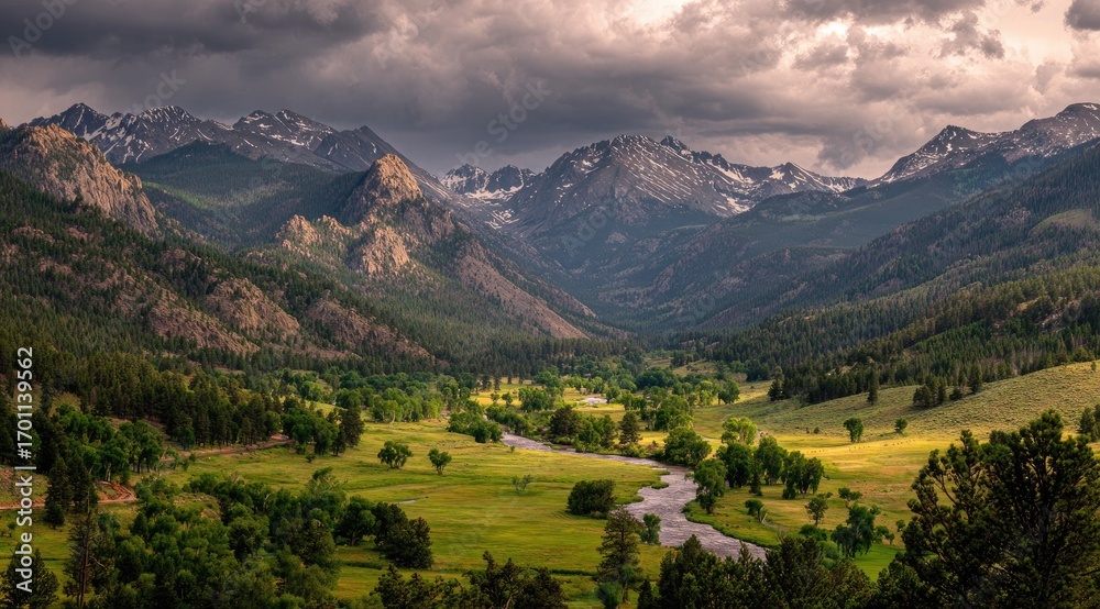 Obraz premium Mountain valley scene under dramatic sky