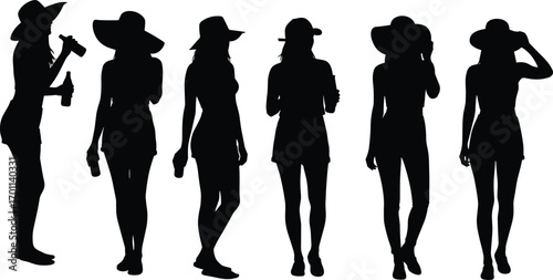 Silhouettes of fashionable women wearing wide-brim hats holding drinks, walking and posing in stylish summer outfits with casual lifestyle vibe.