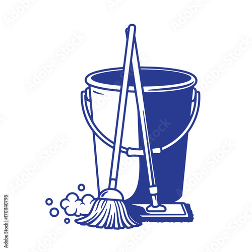 Clean blue bucket mop and broom with cleaning bubbles on a white background