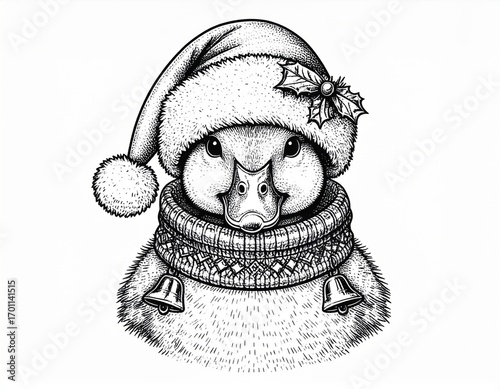 Winter Holiday Black and White Drawing of a Round Animal with Santa Hat and Knitted Scarf