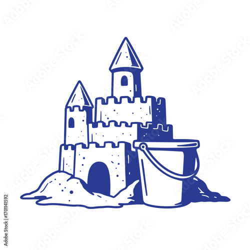 Detailed illustration of a blue sandcastle with bucket sand pile on white background.
