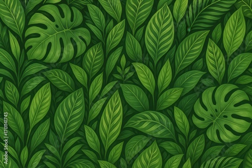 Fresh tropical foliage pattern with vibrant green botanical elements and natural organic textures