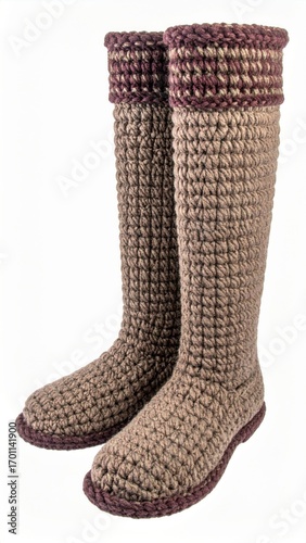 Pair of Knitted Brown and Maroon High Socks on White Background Studio Shot
