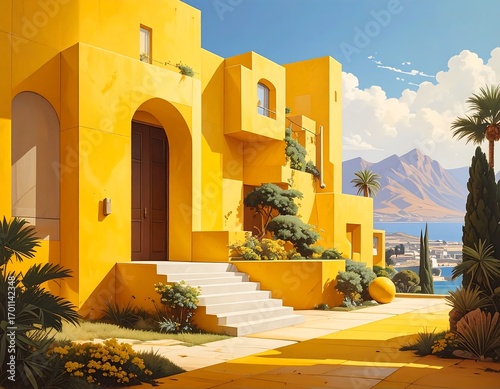 A vibrant yellow house with a modern design, overlooking a tranquil coastal landscape.