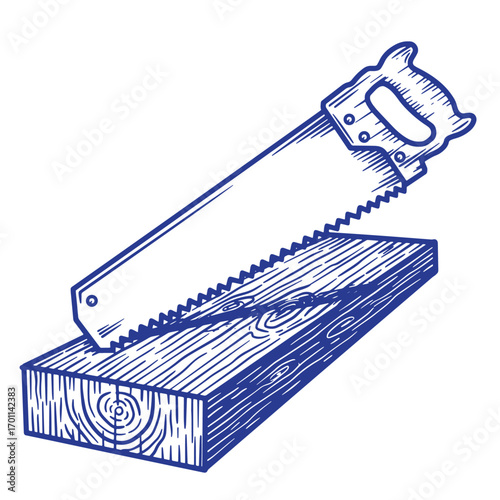 Hand saw cutting through wooden plank illustration in a detailed sketchy blue line art style