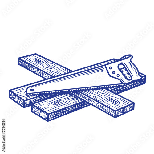 Hand saw resting on cross boards illustration in blue ink for woodworking or carpentry concept