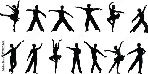 Silhouettes of male and female dancers performing various elegant dance poses, showcasing grace, movement, and artistic dance expressions vector illustration.
