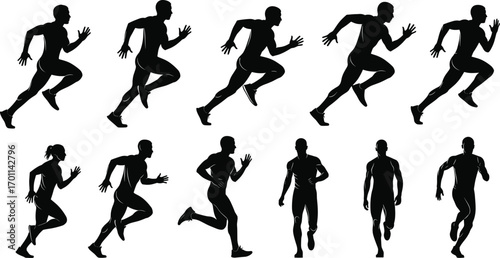 Silhouettes of male and female runners in dynamic sprinting and walking poses, showing athleticism, fitness, speed, motion, energy, and health vector  