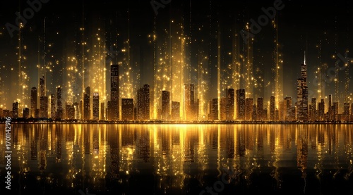 Golden city skyline reflected in water (1)