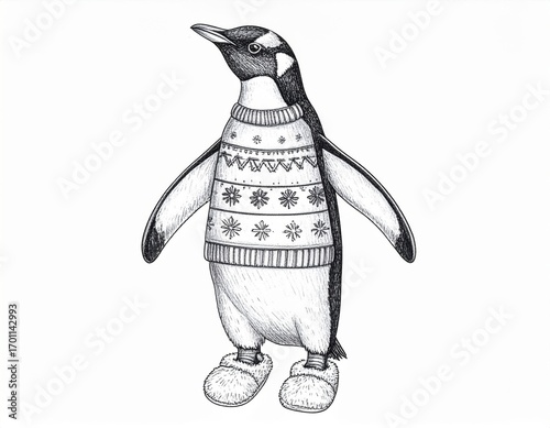 Hand Drawn Penguin Illustration Standing Tall on White Background in Winter Sweater and Shoes