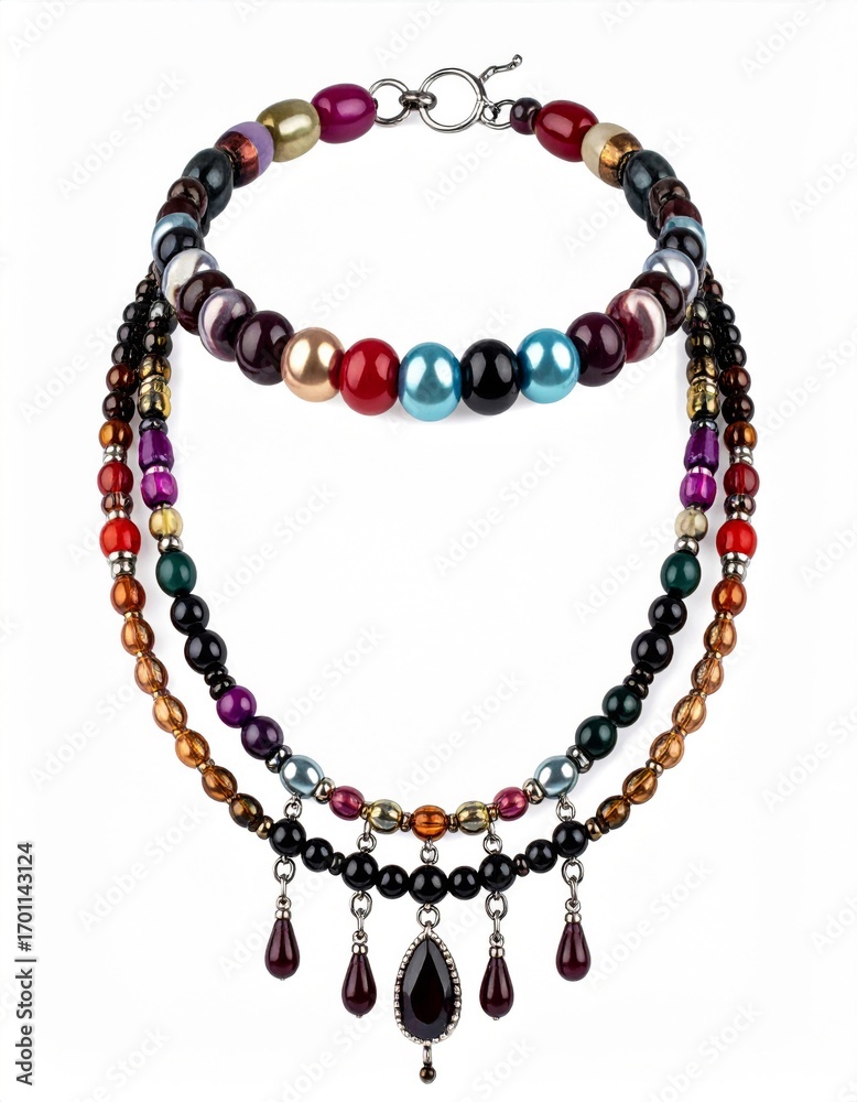 Obraz premium Three Strand Beaded Necklaces Featuring Multicolored Beads on White Background