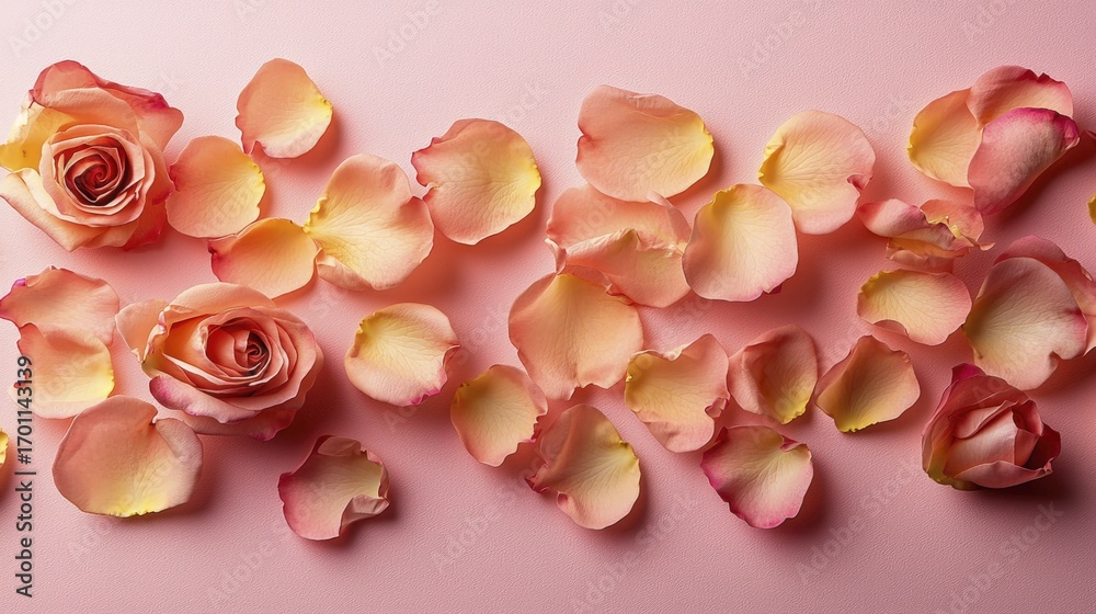 Obraz premium Delicate rose petals and blooms scattered on a soft pink background.