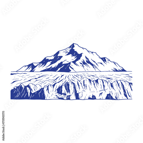 Mountain glacier landscape illustration in a bold blue and white engraved style