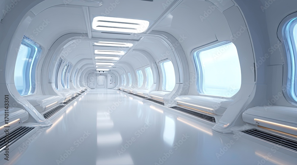 Obraz premium White futuristic corridor with large windows