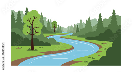 a serene river flows through lush green forest landscape