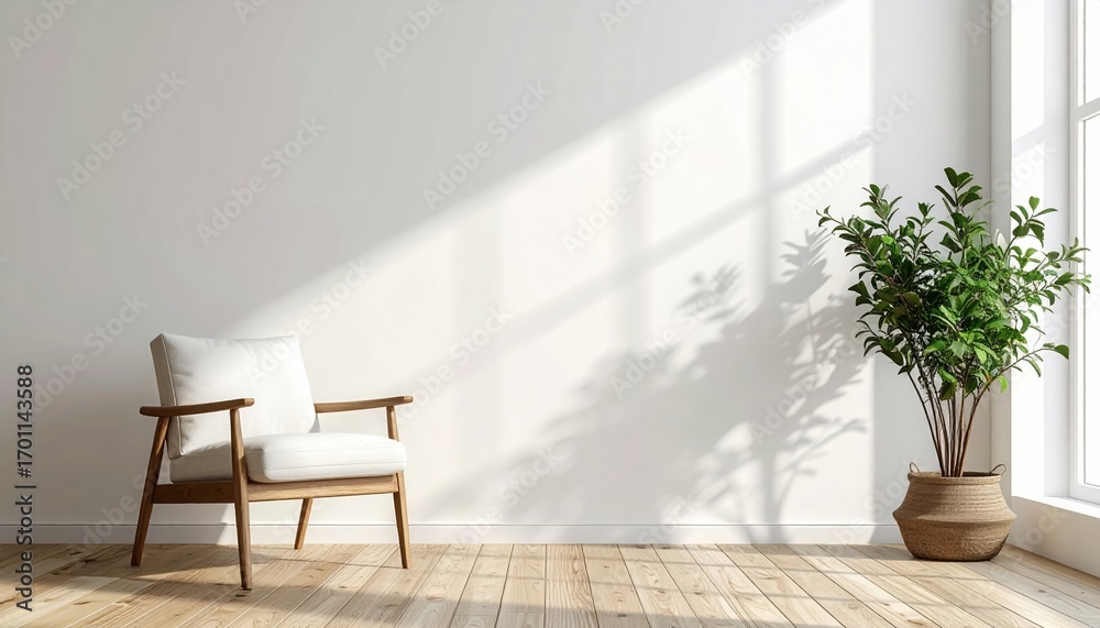 Fototapeta premium A cozy armchair sits beside a potted plant near a bright window, casting gentle shadows on the clean white wall in a serene and minimalist living space.