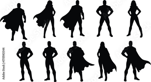 Silhouettes of male and female superheroes with flowing capes, strong confident poses, comic-style vector art showing power and heroism