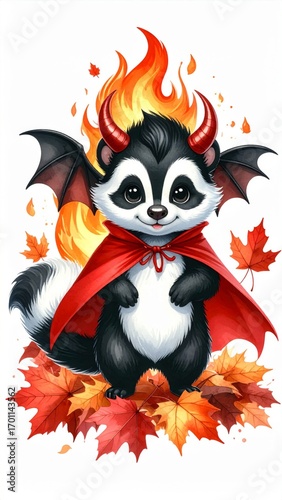 Cute Devilish Skunk Character on Autumn Leaves with Fiery Background in Cartoon Illustration Style
