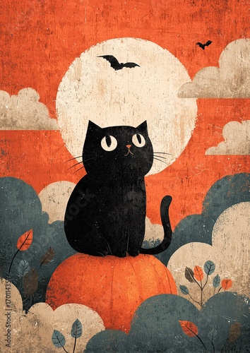 halloween background with cat moon clouds bat flying in the sky grunge cute comical fun neutral tones holiday seasonal backdrop vertical party card design invitation