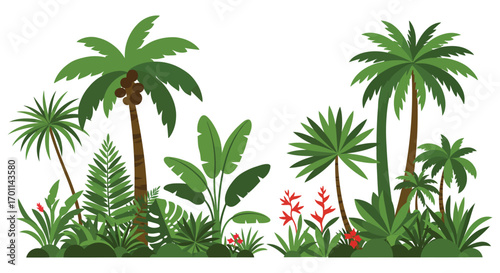 tropical plants and trees with lush greenery and vibrant flowers