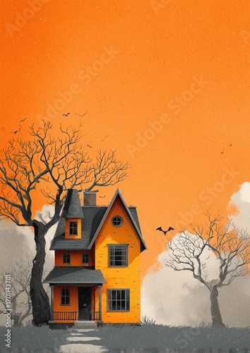 orange house on the hill at night halloween party card invitation backdrop  sunset trees background vertical format clouds