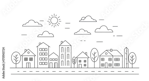 Linear illustration of a town with houses, trees, clouds and sun.