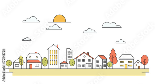 Illustration of a suburban neighborhood with houses, trees, and a sunny sky.