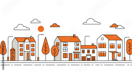 Row of houses with trees and streetlights illustration.