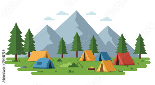 camping scene with colorful tents near pine trees and mountains