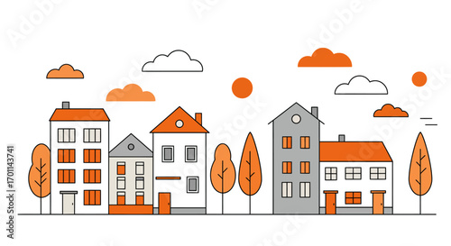 Illustration of a row of houses with trees and clouds in a simple, flat style.