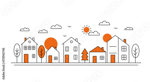 Line art illustration of a row of houses with trees and sun.
