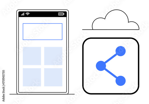 Smartphone interface with app grid next to cloud and share icon. Ideal for networking, data sharing, technology, cloud computing, user interface, app design, simple landing page