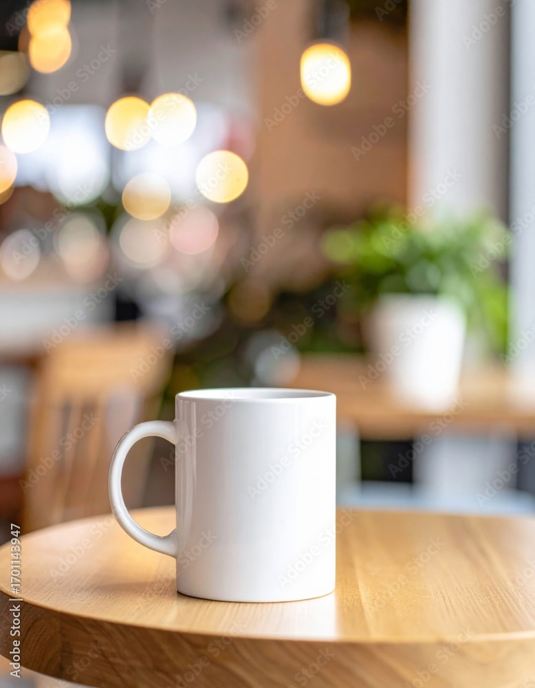 Fototapeta premium Minimalist White Mug on Wooden Table in Cafe with Bokeh Lights Background