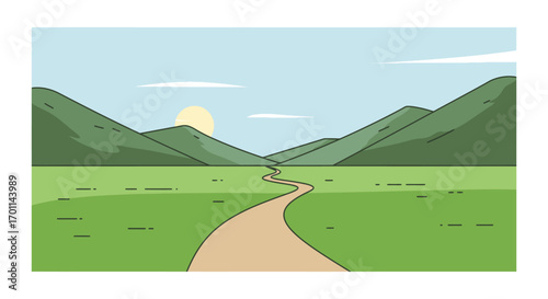 a winding path through lush green hills under blue sky